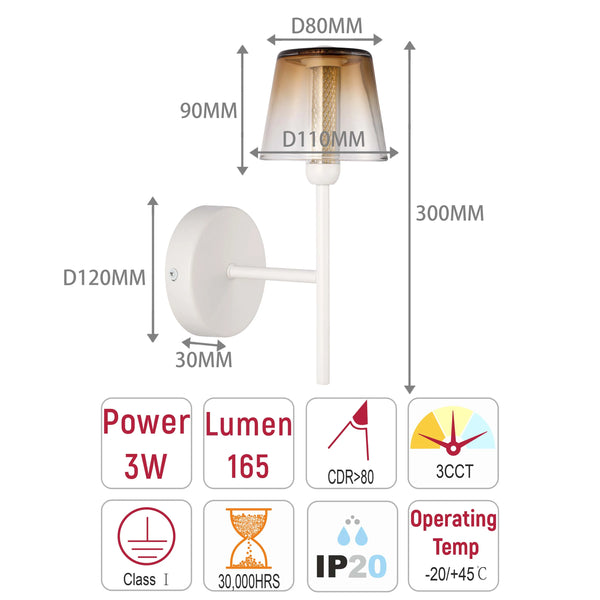 Modern Glass Wall Light – Integrated LED, 300mm Width, Ombre or Clear Shade