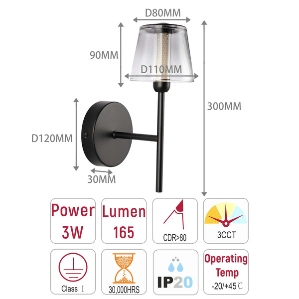Modern Glass Wall Light – Integrated LED, 300mm Width, Ombre or Clear Shade