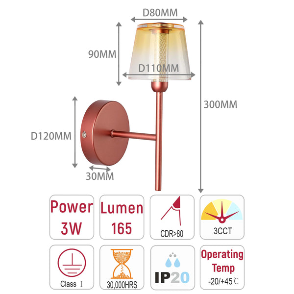 Modern Glass Wall Light – Integrated LED, 300mm Width, Ombre or Clear Shade