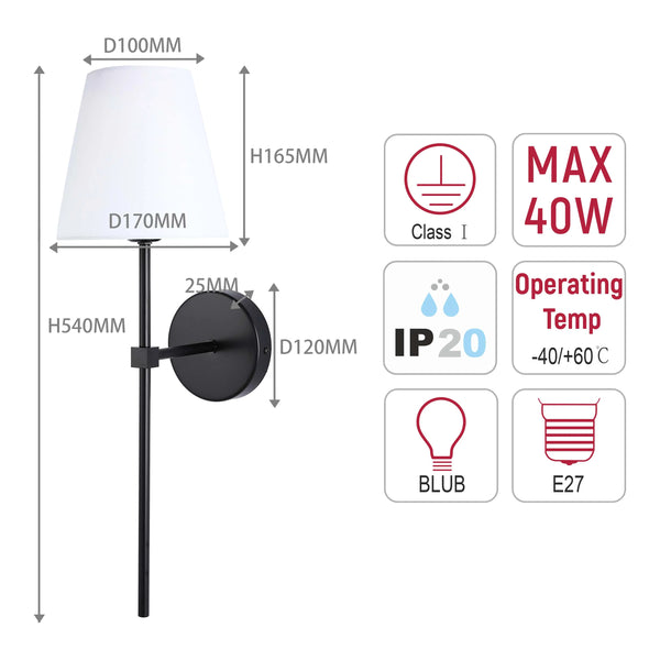 Modern Wall Light with White Fabric Shade – E27 Fitting, 540mm Height, Dimmable