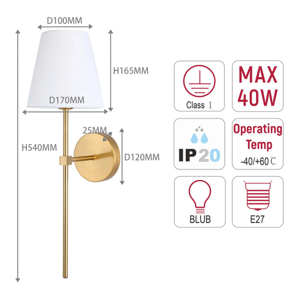Modern Wall Light with White Fabric Shade – E27 Fitting, 540mm Height, Dimmable