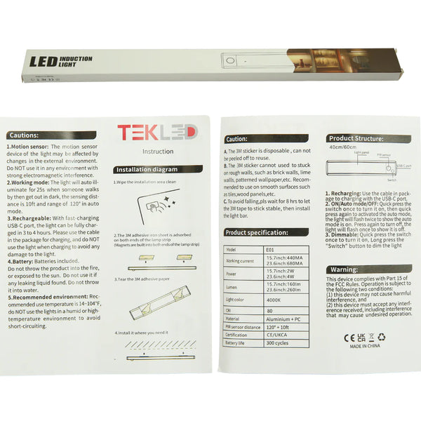 TEKLED Motion Sensor LED Cabinet Light with Rechargeable Battery