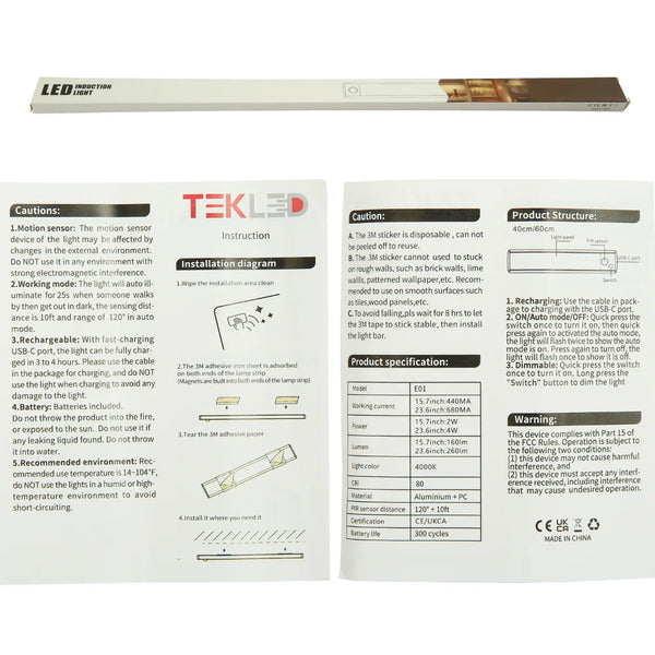 TEKLED Motion Sensor LED Cabinet Light with Rechargeable Battery