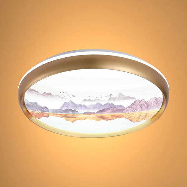 Mountain Glow Artistic Flush Ceiling Light with Gold Rim, 24W LED