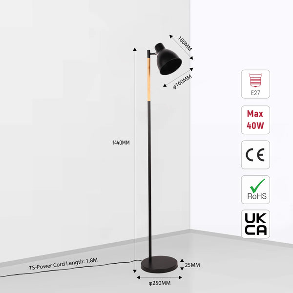 Nordic Floor Lamp with Wood Accent - E27 Rotatable Shade 3 Finishes