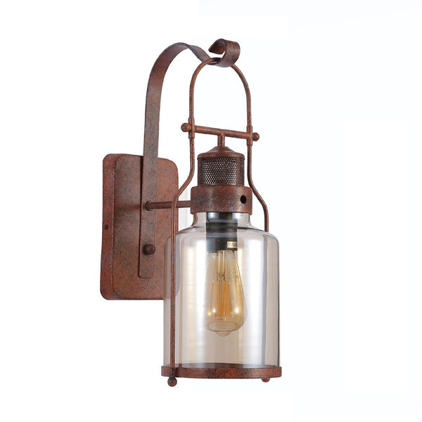 Antique Industrial Rustic Wall Lantern Light Clear Amber Glass Shade and Weathered Metal Frame