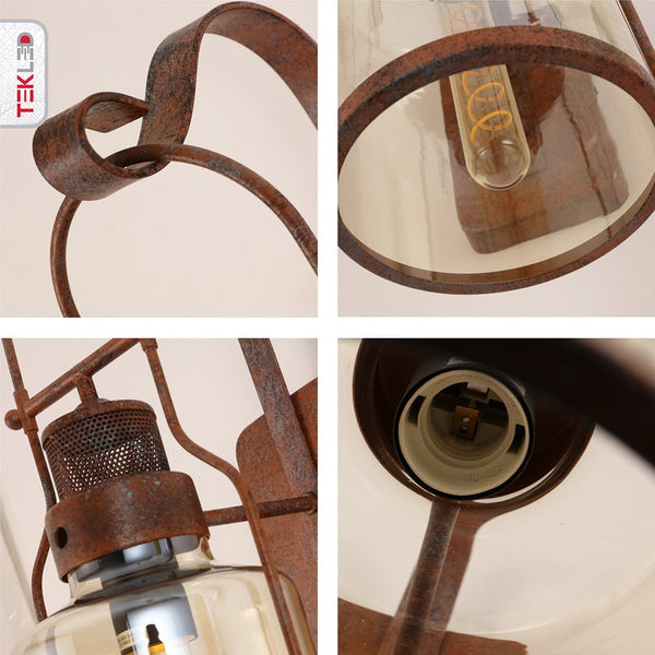 Antique Industrial Rustic Wall Lantern Light Clear Amber Glass Shade and Weathered Metal Frame
