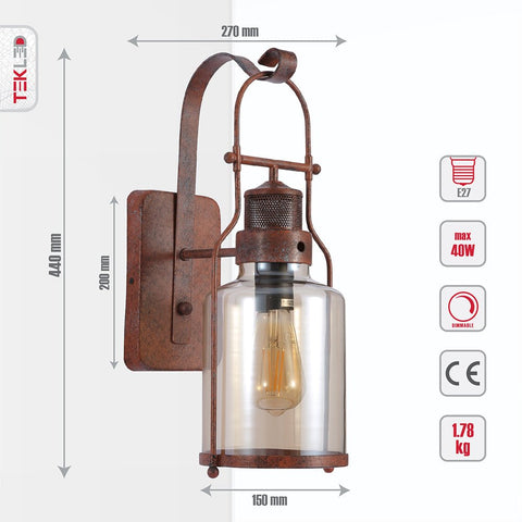 Antique Industrial Rustic Wall Lantern Light Clear Amber Glass Shade and Weathered Metal Frame