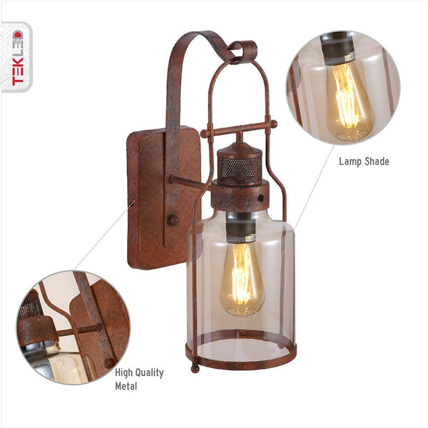 Antique Industrial Rustic Wall Lantern Light Clear Amber Glass Shade and Weathered Metal Frame