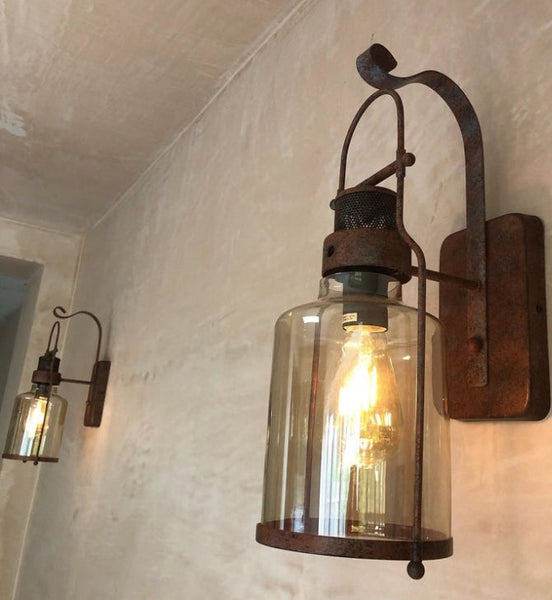 Antique Industrial Rustic Wall Lantern Light Clear Amber Glass Shade and Weathered Metal Frame