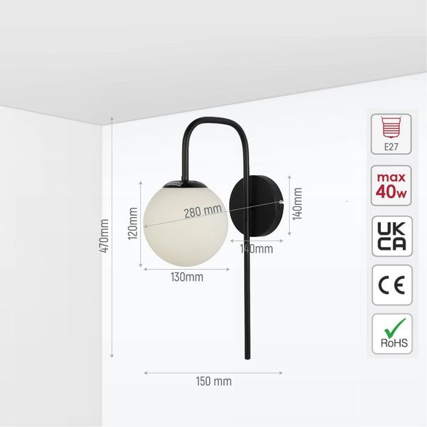Opal Globe Glass Cane Metal Downward Wall Light