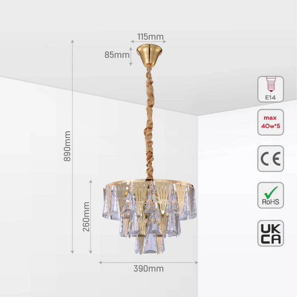 Opulent Gold Chandelier Ceiling Light with Triangular Crystal Elegance