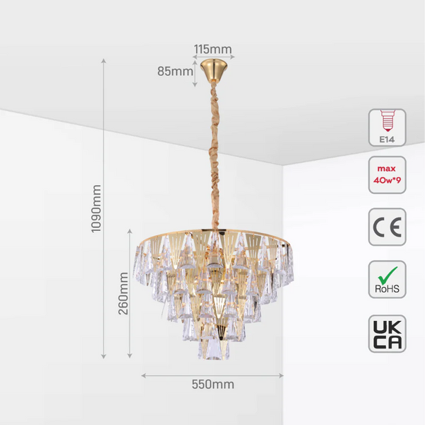 Opulent Gold Chandelier Ceiling Light with Triangular Crystal Elegance
