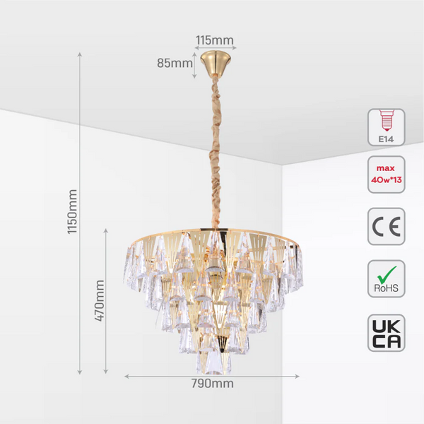 Opulent Gold Chandelier Ceiling Light with Triangular Crystal Elegance