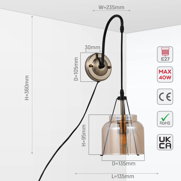 Plug-In Pendant Industrial Dome Wall Light - Amber Glass