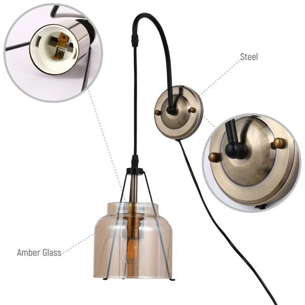 Plug-In Pendant Industrial Dome Wall Light - Amber Glass
