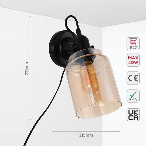 Plug-In Adjustable Glass Cone Wall Light with Rocker Switch Black