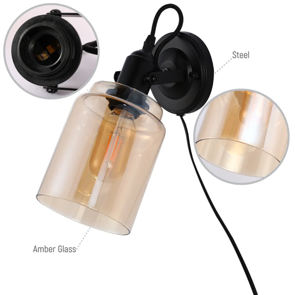 Plug-In Adjustable Glass Cone Wall Light with Rocker Switch Black