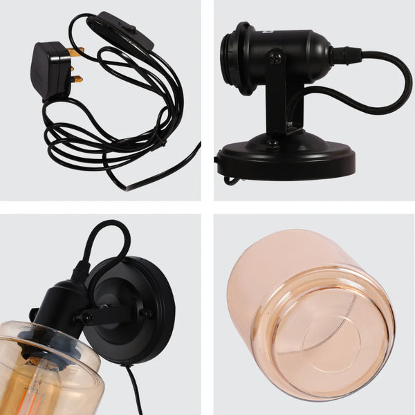 Plug-In Adjustable Glass Cone Wall Light with Rocker Switch Black