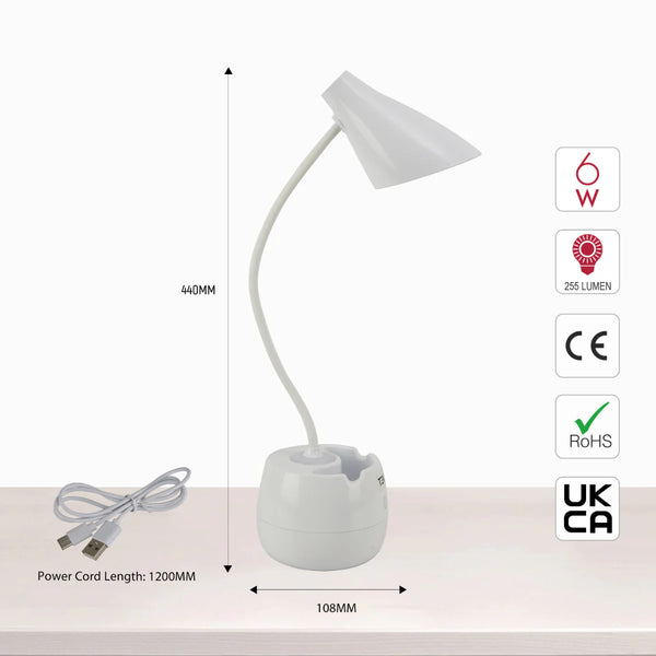 Rechargeable Gooseneck Desk Lamp with Cone Head and Pencil Holder