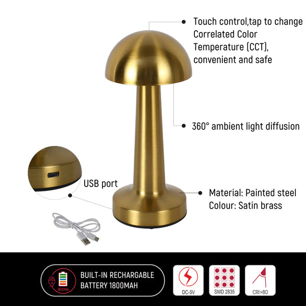Rechargeable Steel Mushroom Table Lamp | Bedside Lamp