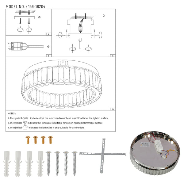 Ring Crystal Chrome Flush Ceiling Chandelier Light with Remote Control 3 Colour