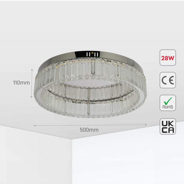 Ring Crystal Chrome Flush Ceiling Chandelier Light with Remote Control 3 Colour