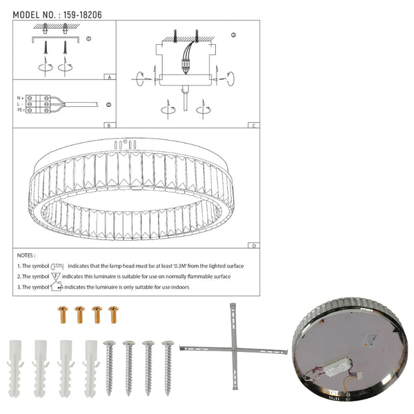 Ring Crystal Chrome Flush Ceiling Chandelier Light with Remote Control 3 Colour