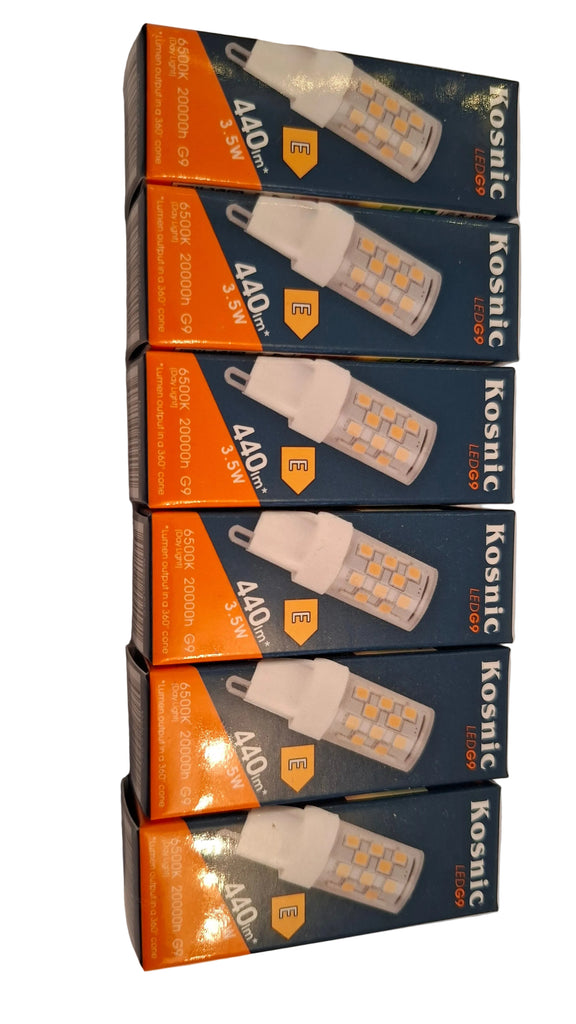 6 x Kosnic G9 3.5w led light bulbs in 6500k Daylight white non dimmable.