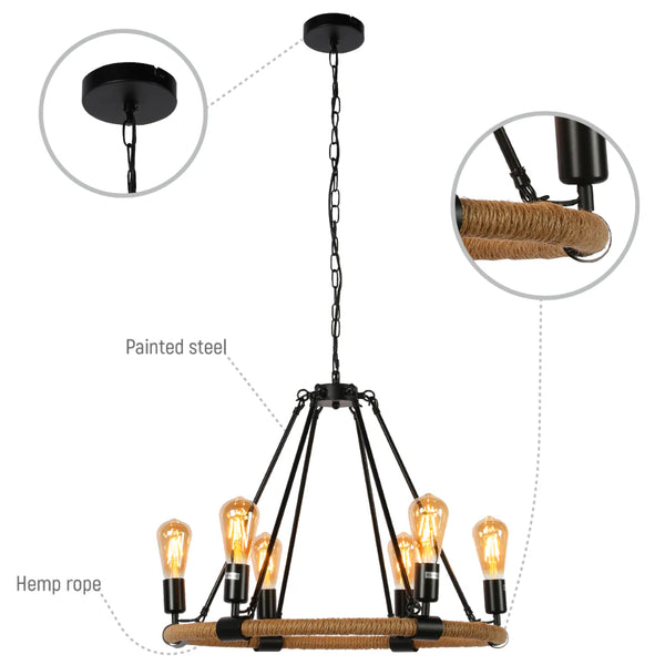 Rustic Charm Jute-Wrapped Circle Chandelier | 6-Light Artisanal Accent Fixture