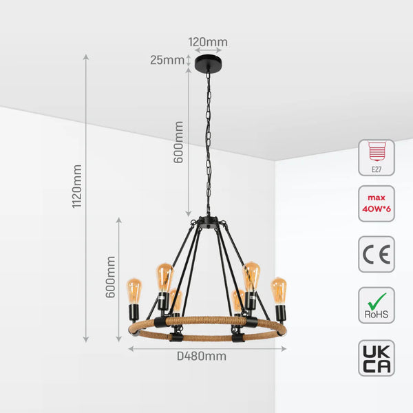 Rustic Charm Jute-Wrapped Circle Chandelier | 6-Light Artisanal Accent Fixture