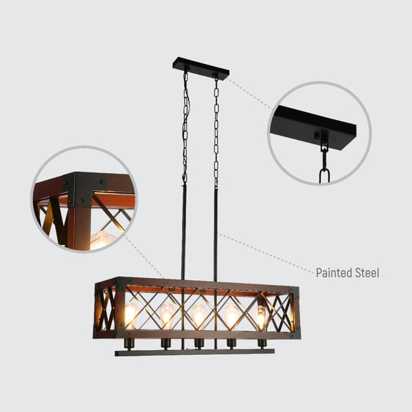 Rustic Rectangular Cage Chandelier - Wood Accent 5-Light