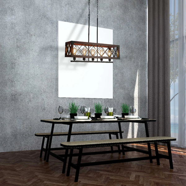 Rustic Rectangular Cage Chandelier - Wood Accent 5-Light