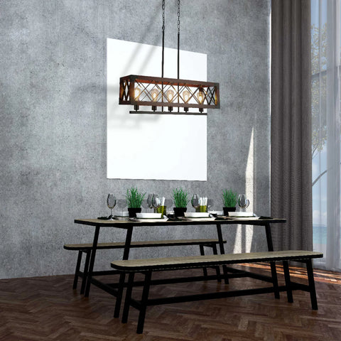 Rustic Rectangular Cage Chandelier - Wood Accent 5-Light