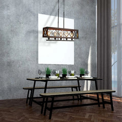 Rustic Rectangular Cage Chandelier - Wood Accent 5-Light