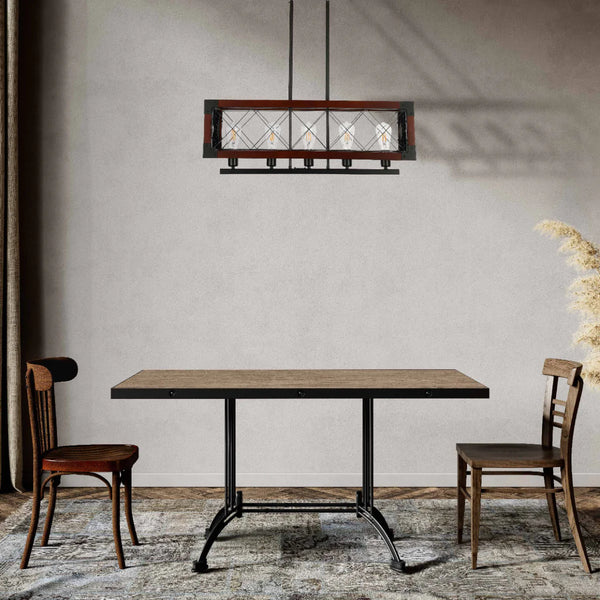 Rustic Rectangular Cage Chandelier - Wood Accent 5-Light