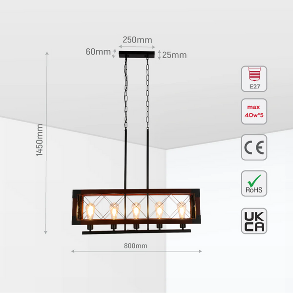 Rustic Rectangular Cage Chandelier - Wood Accent 5-Light