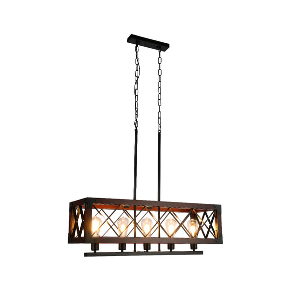 Rustic Rectangular Cage Chandelier - Wood Accent 5-Light
