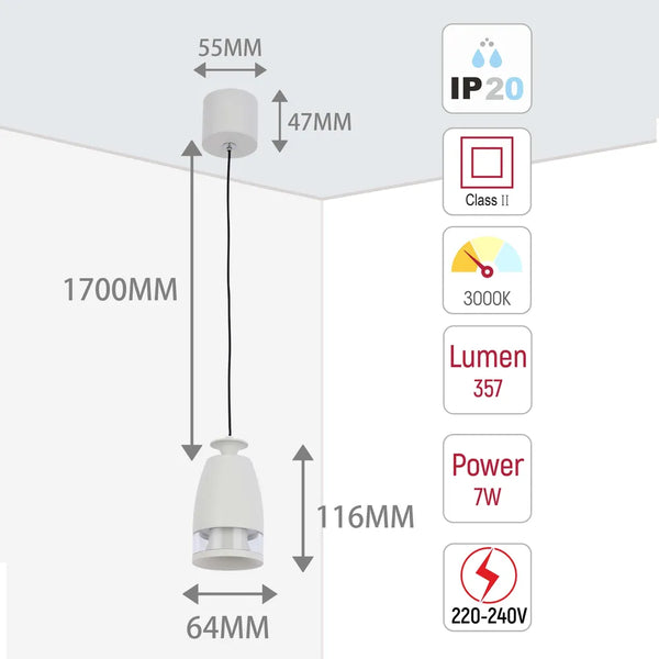 Sentinel LED Pendant Downlight with Polycarbonate Ring Diffuser 7W Warm White
