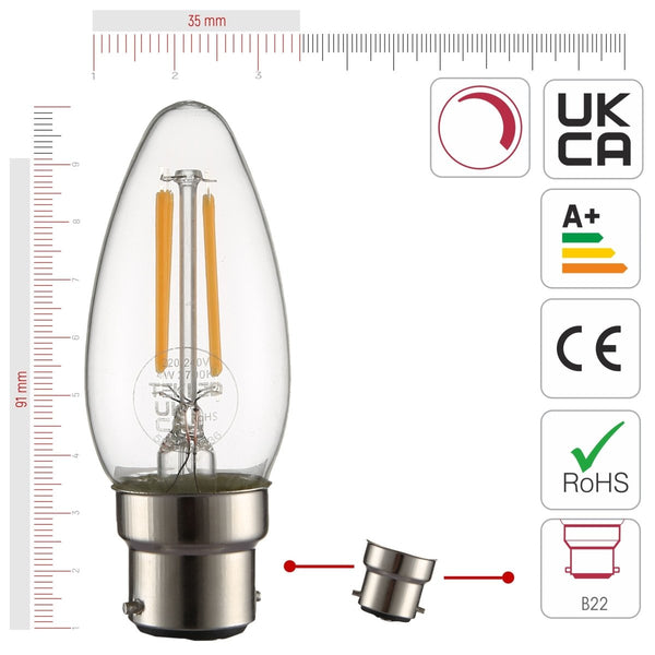 LED Dimmable Filament C35 Candle Bulb B22 Bayonet Cap 4W Warm White 2700K