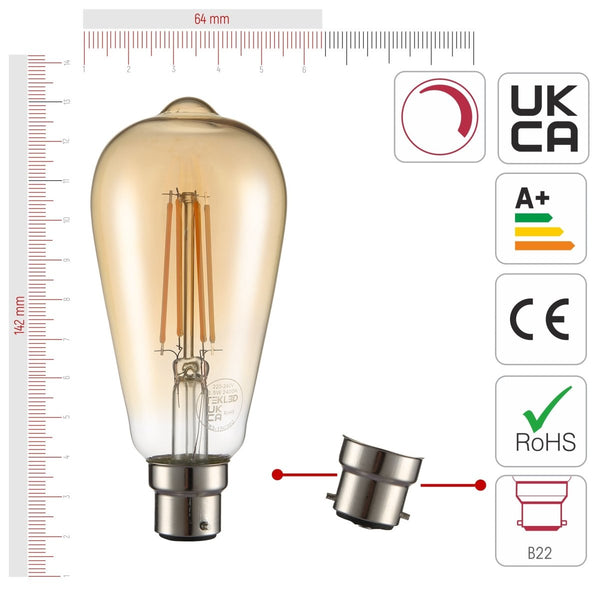 LED Dimmable Filament ST64 Edison Bulb B22 Bayonet Cap 6.5W Pack of 2