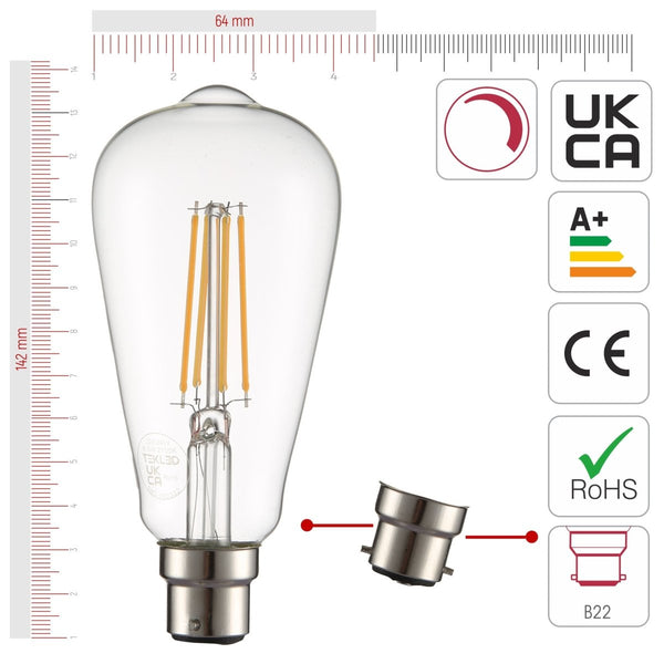 LED Dimmable Filament ST64 Edison Bulb B22 Bayonet Cap 6.5W Pack of 2
