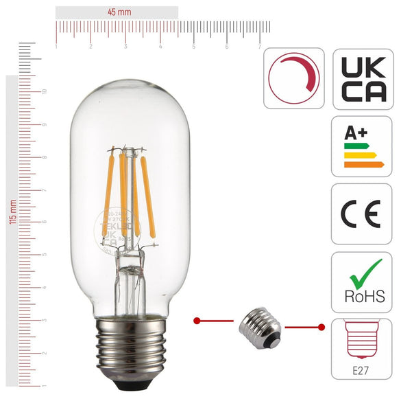 TEKLED
LED Dimmable Filament T45 T30 Tubular Bulb E27 Edison Screw 4W Pack of 4 Warm White - 110 mm.