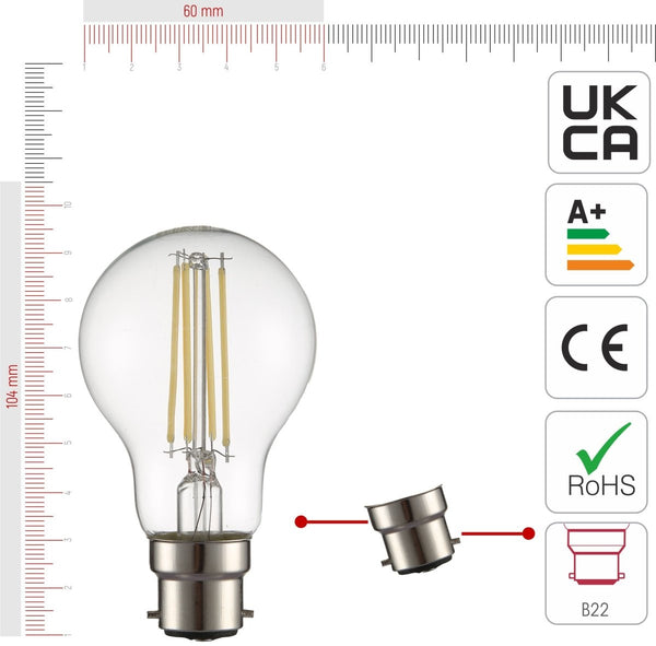 LED Filament A60 GLS Bulb B22 Bayonet Cap