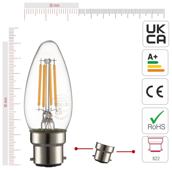 LED Filament C35 Candle Bulb B22 Bayonet Cap 4W
