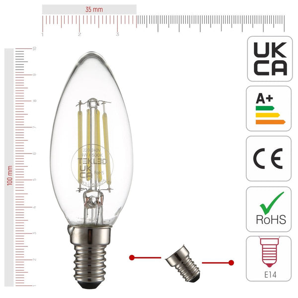 TEKLED
LED Filament C35 Candle Bulb E14 Small Edison Screw 4W - Flame Tip / 2700K Warm White / Pack of 6 or 10.