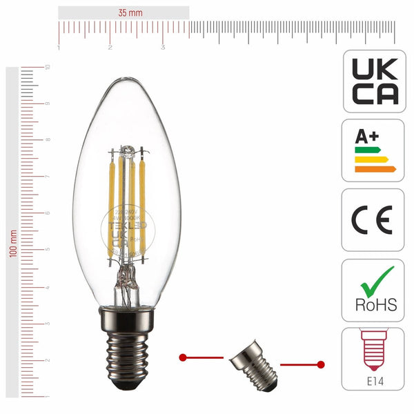 TEKLED
LED Filament C35 Candle Bulb E14 Small Edison Screw 4W - Flame Tip / 2700K Warm White / Pack of 6 or 10.