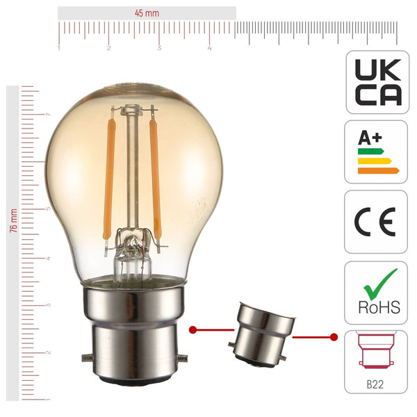 LED Filament G45 Golf Ball Bulb B22 Bayonet Cap Warm White 2400K