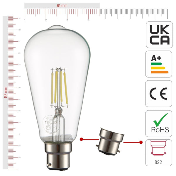 LED Filament ST64 Edison Bulb B22 Bayonet Cap Pack of 4