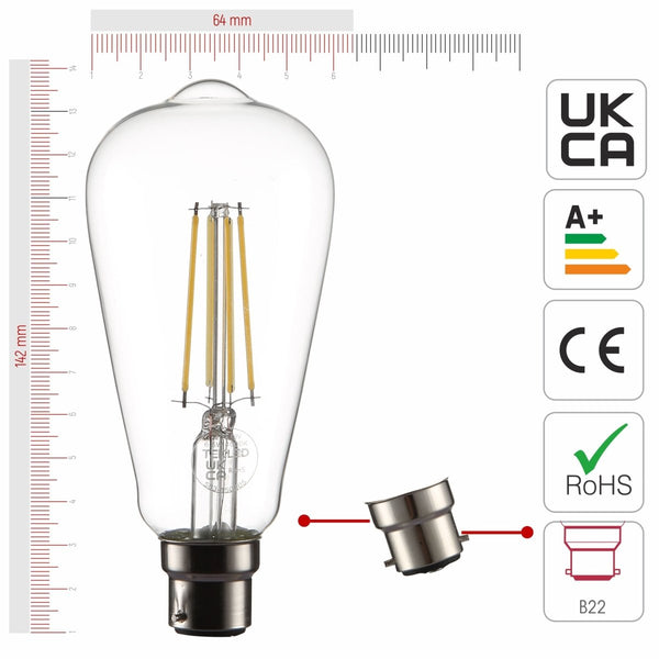 LED Filament ST64 Edison Bulb B22 Bayonet Cap Pack of 4
